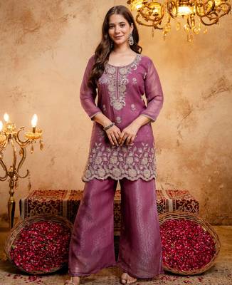 Purple embroidered crunchy kurta palazzo dupatta set 3
