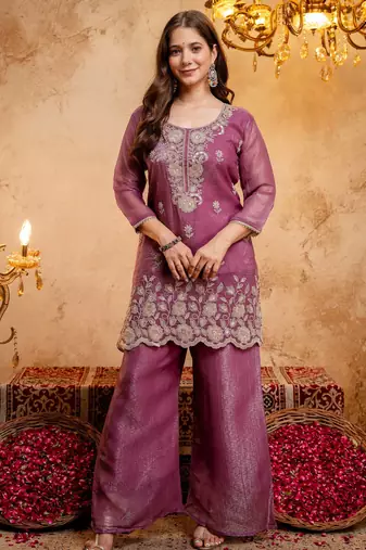 Purple embroidered crunchy kurta palazzo dupatta set