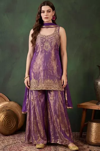 Purple satin kurta with sharara & dupatta set