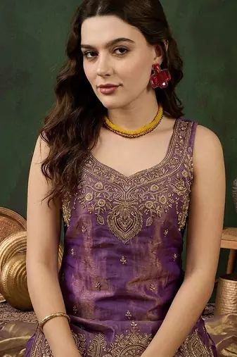 Purple satin kurta with sharara & dupatta set