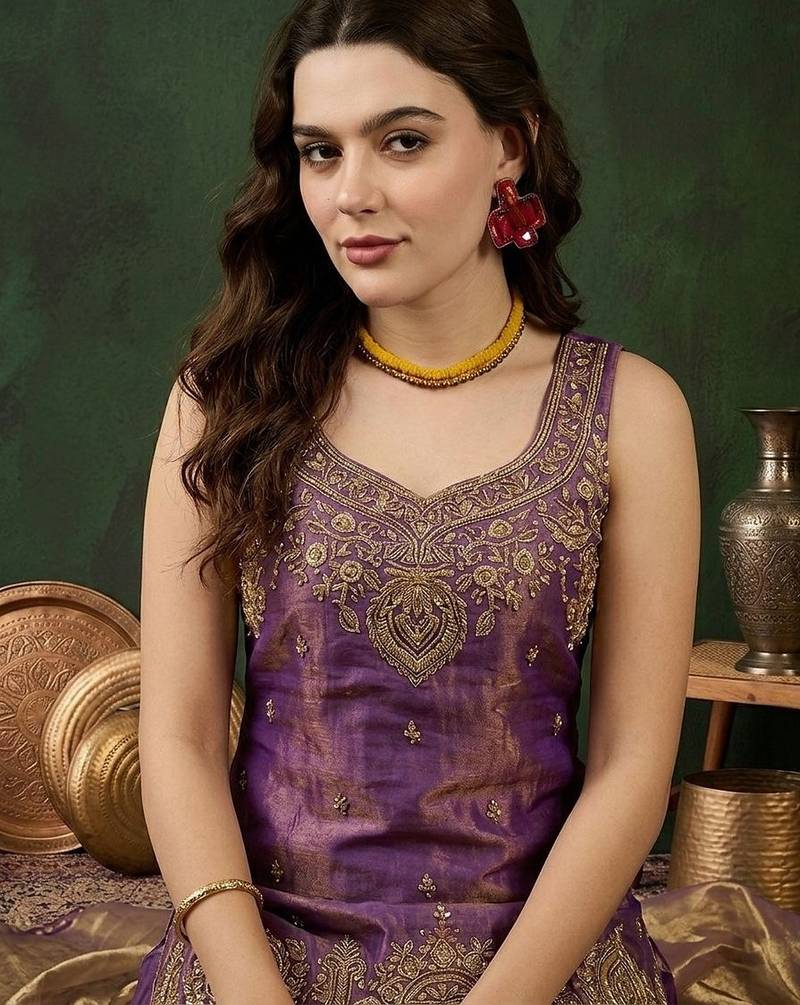 Purple satin kurta with sharara & dupatta set