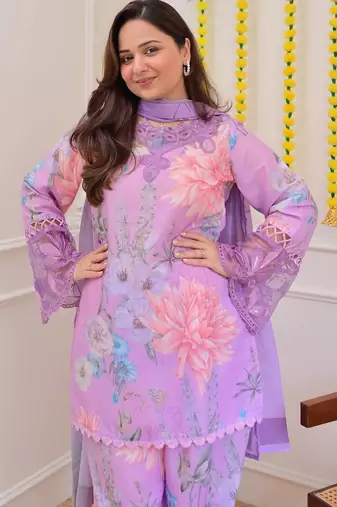 Lavender georgette kurta with patiala gharara & printed dupatta