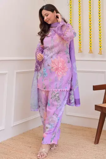 Lavender georgette kurta with patiala gharara & printed dupatta