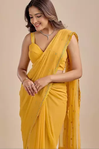 Yellow Embellished Zari Chiffon Saree with blouse 