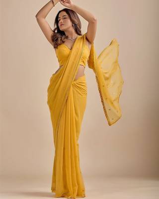 Yellow Embellished Zari Chiffon Saree with blouse  2