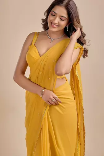 Yellow Embellished Zari Chiffon Saree with blouse 