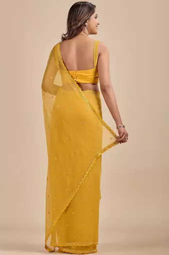 Yellow Embellished Zari Chiffon Saree with blouse 
