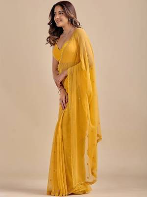 Yellow Embellished Zari Chiffon Saree with blouse  5