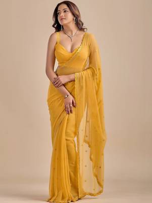 Yellow Embellished Zari Chiffon Saree with blouse  6