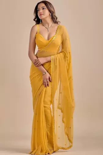 Yellow Embellished Zari Chiffon Saree with blouse 