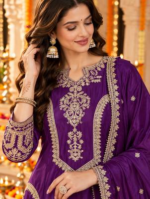 Women's stylish embroidered purple kurta pant with dupatta for festive look 4