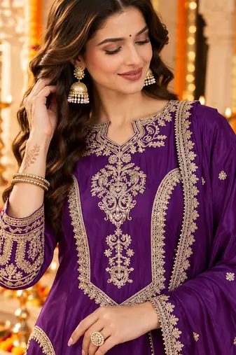 Women's stylish embroidered purple kurta pant with dupatta for festive look