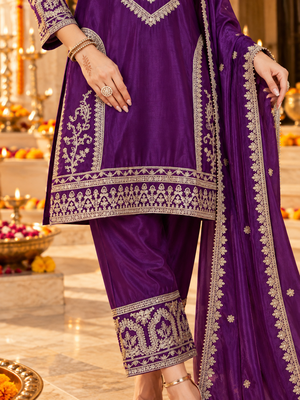 Women's stylish embroidered purple kurta pant with dupatta for festive look 5