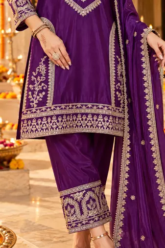 Women's stylish embroidered purple kurta pant with dupatta for festive look