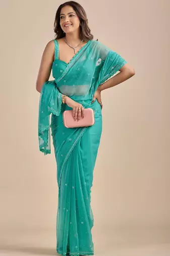 Teal Blue Embellished Sequinned Chiffon Heavy Work Saree wtih blouse 