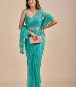 Teal Blue Embellished Sequinned Chiffon Heavy Work Saree wtih blouse 