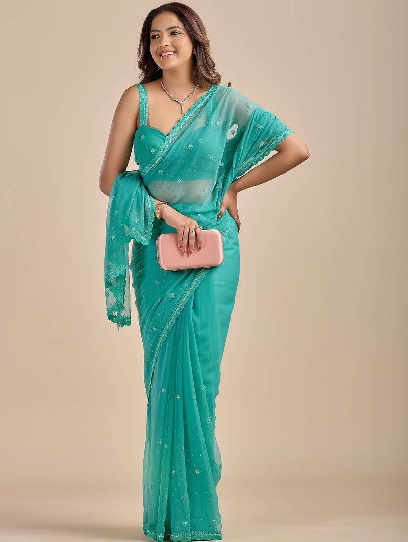 Teal Blue Embellished Sequinned Chiffon Heavy Work Saree wtih blouse 