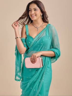 Teal Blue Embellished Sequinned Chiffon Heavy Work Saree wtih blouse  2