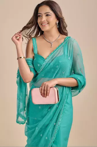 Teal Blue Embellished Sequinned Chiffon Heavy Work Saree wtih blouse 