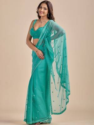 Teal Blue Embellished Sequinned Chiffon Heavy Work Saree wtih blouse  3
