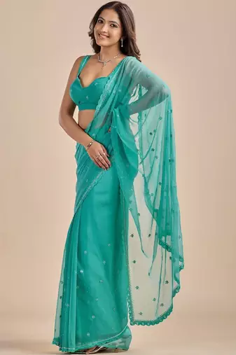 Teal Blue Embellished Sequinned Chiffon Heavy Work Saree wtih blouse 