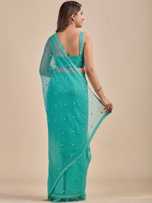 Teal Blue Embellished Sequinned Chiffon Heavy Work Saree wtih blouse  4