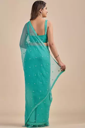 Teal Blue Embellished Sequinned Chiffon Heavy Work Saree wtih blouse 