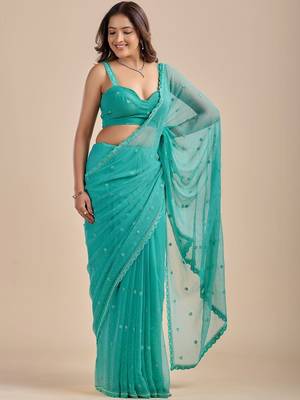 Teal Blue Embellished Sequinned Chiffon Heavy Work Saree wtih blouse  7
