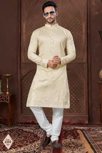Lemon kurta pajama set with zari embroidery & fancy buttons