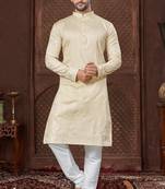 Lemon kurta pajama set with zari embroidery & fancy buttons