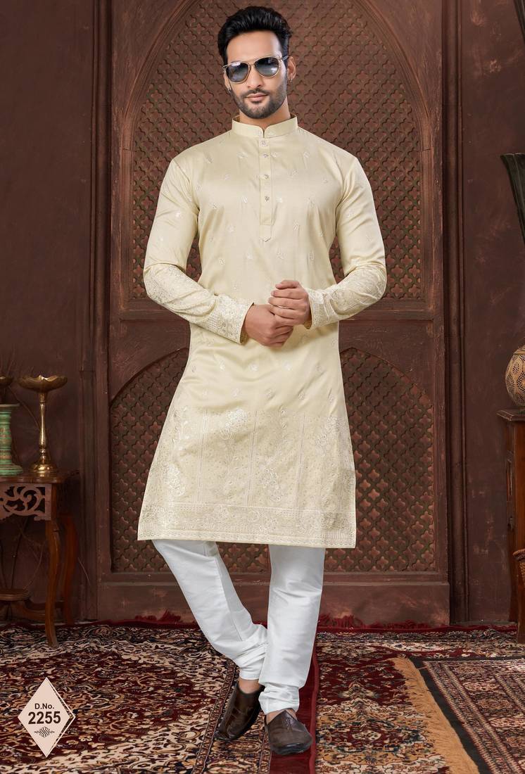 Lemon kurta pajama set with zari embroidery & fancy buttons