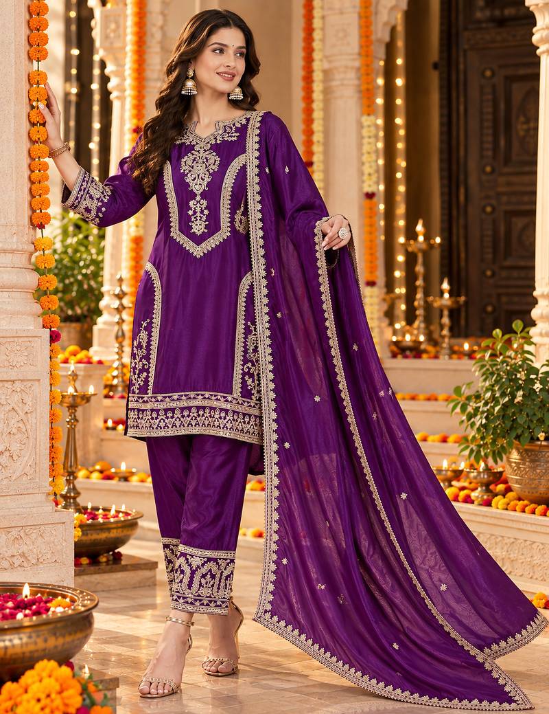 Women's stylish embroidered purple kurta pant with dupatta