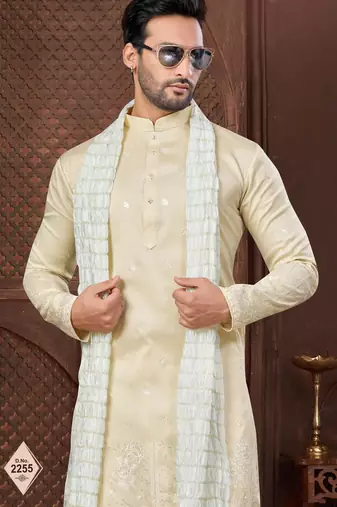 Lemon kurta pajama set with zari embroidery & fancy buttons