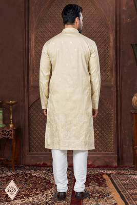 Lemon kurta pajama set with zari embroidery & fancy buttons 3