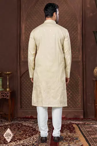 Lemon kurta pajama set with zari embroidery & fancy buttons
