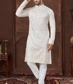 Cream kurta pajama set with zari embroidery & fancy buttons