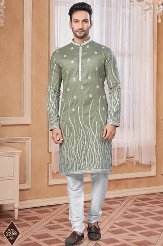 Mehndi colour kurta pajama set with zari embroidery & fancy buttons