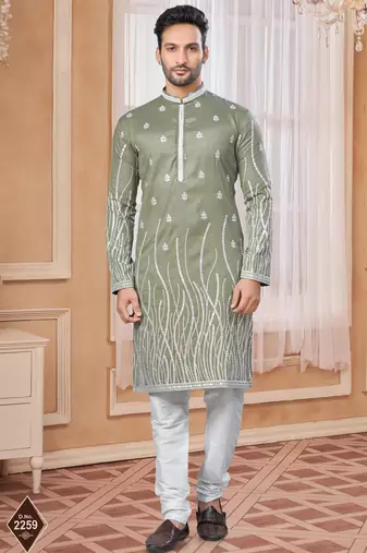 Mehndi colour kurta pajama set with zari embroidery & fancy buttons