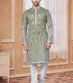 Mehndi colour kurta pajama set with zari embroidery & fancy buttons