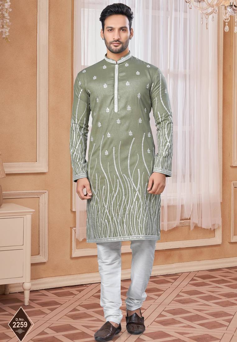 Mehndi colour kurta pajama set with zari embroidery & fancy buttons
