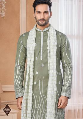 Mehndi colour kurta pajama set with zari embroidery & fancy buttons 2