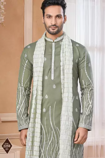 Mehndi colour kurta pajama set with zari embroidery & fancy buttons