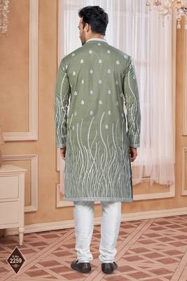 Mehndi colour kurta pajama set with zari embroidery & fancy buttons 3