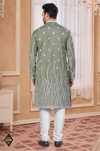 Mehndi colour kurta pajama set with zari embroidery & fancy buttons