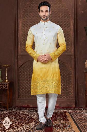 Yellow to off-white double-shaded kurta pajama set with zari work & fancy buttons