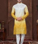 Yellow to off-white double-shaded kurta pajama set with zari work & fancy buttons