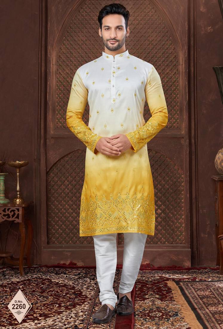 Yellow to off-white double-shaded kurta pajama set with zari work & fancy buttons
