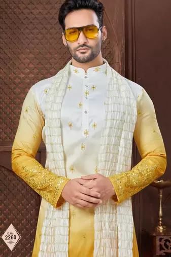 Yellow to off-white double-shaded kurta pajama set with zari work & fancy buttons