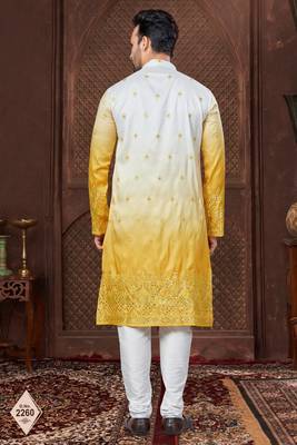 Yellow to off-white double-shaded kurta pajama set with zari work & fancy buttons 3