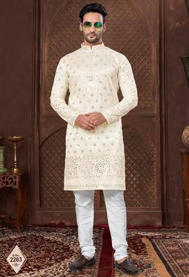 Cream colour kurta pajama set with zari embroidery & fancy buttons 1